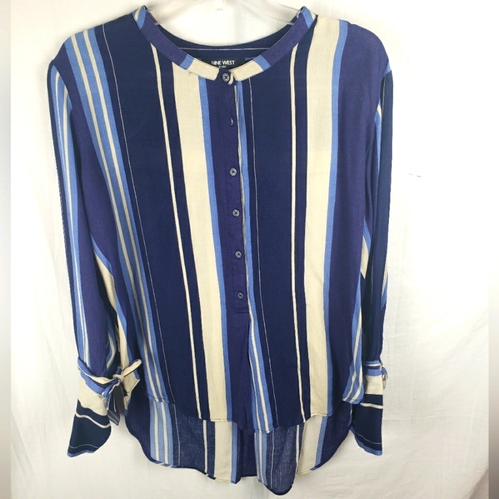 Nine West Blue and White Striped Long Sleeve Shirt Sz M